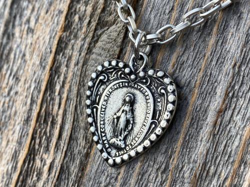 Silver Pewter Heart Shaped Miraculous Medal Pendant Necklace, Antique Replica, Blessed Virgin Mary Pendant, Rare Unusual Miraculous Medal M4