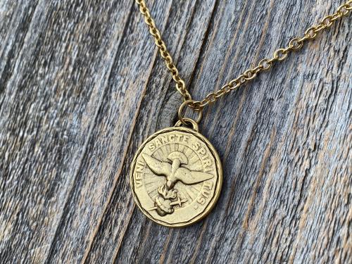 Large Antique Gold Plated Come Holy Spirit Medal Pendant Necklace, Latin Antique Replica, Veni Sancte Spiritus Medal, Sacred Heart of Jesus