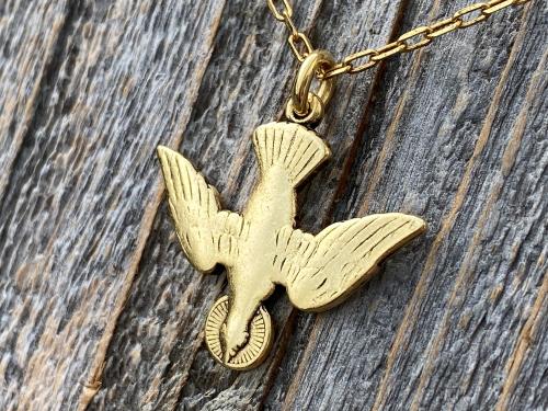 Antique Gold Plated Holy Spirit Dove Pendant Necklace, French Antique Replica, Descending Dove Pendant, Descending Holy Spirit Dove Charm