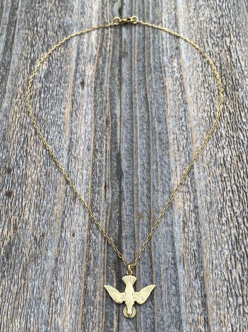 Antique Gold Plated Holy Spirit Dove Pendant Necklace, French Antique Replica, Descending Dove Pendant, Descending Holy Spirit Dove Charm