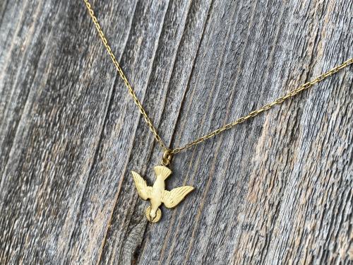 Antique Gold Plated Holy Spirit Dove Pendant Necklace, French Antique Replica, Descending Dove Pendant, Descending Holy Spirit Dove Charm