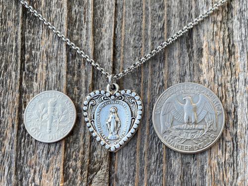 Silver Plated Heart Shaped Miraculous Medal Pendant Necklace, Antique Replica, Blessed Virgin Mary Pendant, Rare Unusual Miraculous Medal M4