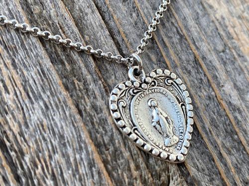 Silver Plated Heart Shaped Miraculous Medal Pendant Necklace, Antique Replica, Blessed Virgin Mary Pendant, Rare Unusual Miraculous Medal M4