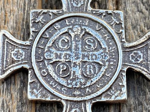 Sterling Silver Large Saint Benedict Medal Pendant, Antique Replica, Crux Sancti Patris Benedicti, Big St Benedict Cross Medallion, .925