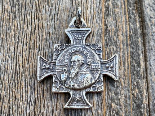 Sterling Silver Large Saint Benedict Medal Pendant, Antique Replica, Crux Sancti Patris Benedicti, Big St Benedict Cross Medallion, .925