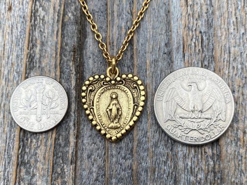 Antique Gold Heart Shaped Miraculous Medal Pendant Necklace, Antique Replica, Heart Miraculous Medal, Blessed Virgin Mary Pendant M4