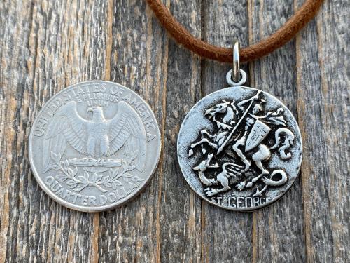 Silver Pewter St George Medal Pendant Necklace, Antique Replica, Rare Saint George Medal, Protection against Christ's enemies, Kill Dragon