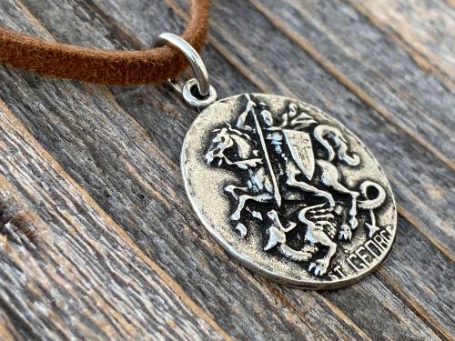 Silver Pewter St George Medal Pendant Necklace, Antique Replica, Rare Saint George Medal, Protection against Christ's enemies, Kill Dragon