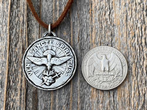 Large Silver Pewter Come Holy Ghost Medal Pendant Necklace, Latin Antique Replica, Veni Sancte Spiritus Medal, Sacred Heart of Jesus Medal