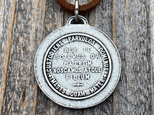 Large Silver Pewter Come Holy Ghost Medal Pendant Necklace, Latin Antique Replica, Veni Sancte Spiritus Medal, Sacred Heart of Jesus Medal