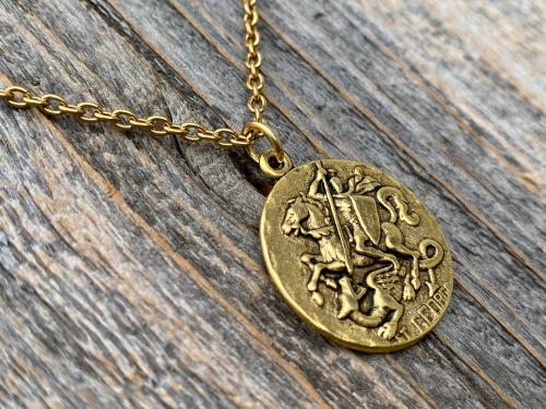 Antique Gold Plated St George Medal Pendant Necklace, Antique Replica, Rare Saint George Medal, Protection against Christ's enemies, Dragon