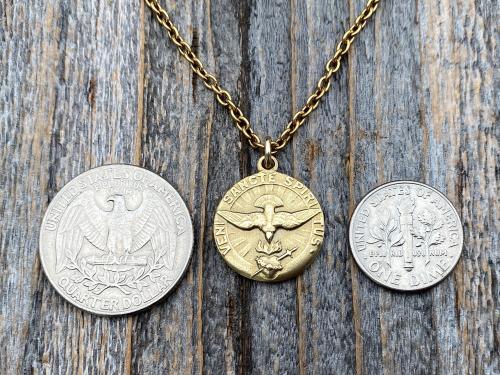 Gold Come Holy Ghost Medal, Holy Spirit Medal Pendant Necklace, Antique Replica, Sacred Heart, Confirmation, Veni Sancte Spiritus VSS-1