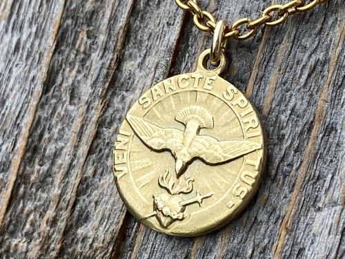 Gold Come Holy Ghost Medal, Holy Spirit Medal Pendant Necklace, Antique Replica, Sacred Heart, Confirmation, Veni Sancte Spiritus VSS-1