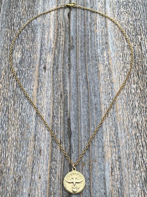 Gold Come Holy Ghost Medal, Holy Spirit Medal Pendant Necklace, Antique Replica, Sacred Heart, Confirmation, Veni Sancte Spiritus VSS-1