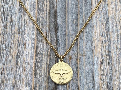 Gold Come Holy Ghost Medal, Holy Spirit Medal Pendant Necklace, Antique Replica, Sacred Heart, Confirmation, Veni Sancte Spiritus VSS-1