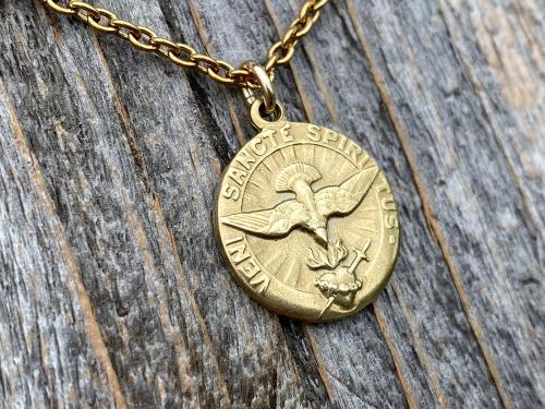 Gold Come Holy Ghost Medal, Holy Spirit Medal Pendant Necklace, Antique Replica, Sacred Heart, Confirmation, Veni Sancte Spiritus VSS-1