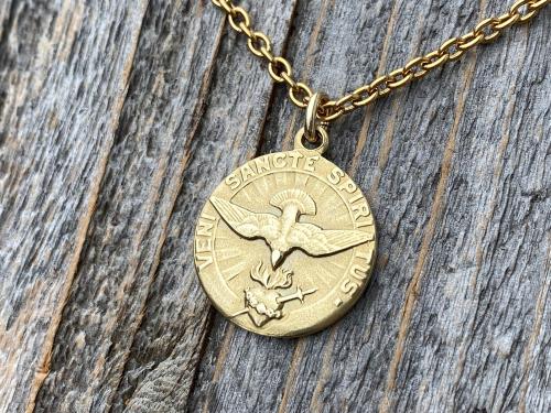 Gold Come Holy Ghost Medal, Holy Spirit Medal Pendant Necklace, Antique Replica, Sacred Heart, Confirmation, Veni Sancte Spiritus VSS-1