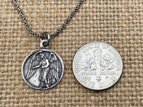 Sterling Silver Small Guardian Angel Medal, Antique Replica, Pendant Necklace, Reverses to Blessed Virgin Mary, Petite Angel Pendant Charm