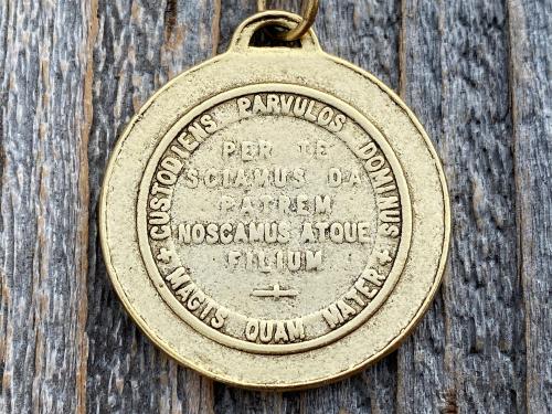 Large Antique Gold Plated Come Holy Spirit Medal Pendant Necklace, Latin Antique Replica, Veni Sancte Spiritus Medal, Sacred Heart of Jesus