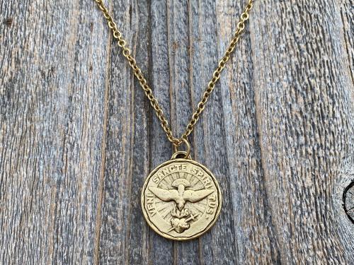 Large Antique Gold Plated Come Holy Spirit Medal Pendant Necklace, Latin Antique Replica, Veni Sancte Spiritus Medal, Sacred Heart of Jesus