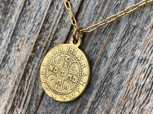 Antique Gold Plated St Benedict Medal Pendant Necklace, French Antique Replica, Rare Saint Benedict Medal, Benedict of Nursia OSB, Benoit