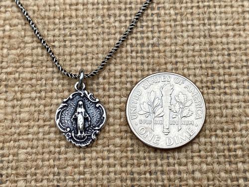 Sterling Silver Petite Miraculous Medal, Antique Replica, Pendant Necklace, Blessed Virgin Mary, Small Miraculous Medal .925 Spiga Chain MM3