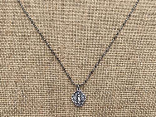 Sterling Silver Petite Miraculous Medal, Antique Replica, Pendant Necklace, Blessed Virgin Mary, Small Miraculous Medal .925 Spiga Chain MM3