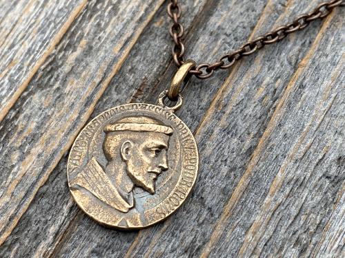 Bronze St Francis of Assisi Medal Pendant Necklace, French Antique Replica, Signed by Louis Tricard, Saint Francois D'Assise Priez Pour Nous