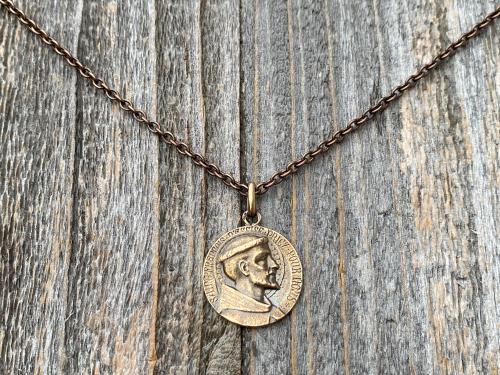 Bronze St Francis of Assisi Medal Pendant Necklace, French Antique Replica, Signed by Louis Tricard, Saint Francois D'Assise Priez Pour Nous