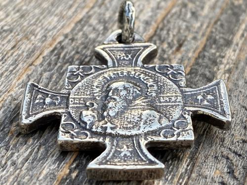 Sterling Silver Large Saint Benedict Medal Pendant, Antique Replica, Crux Sancti Patris Benedicti, Big St Benedict Cross Medallion, .925