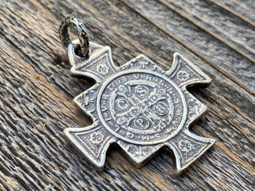 Sterling Silver Large Saint Benedict Medal Pendant, Antique Replica, Crux Sancti Patris Benedicti, Big St Benedict Cross Medallion, .925