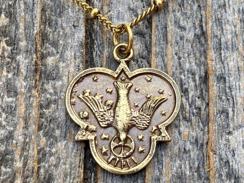 Antique Gold 7 Gifts of the Holy Spirit Medal Pendant Necklace, Antique Replica, Holy Spirit Dove Necklace, Holy Ghost Pendant, Holy Trinity