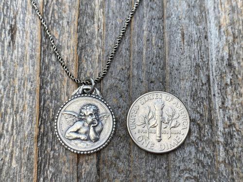 Sterling Silver Dainty Angel Medal Pendant Necklace, French Antique Replica, Signed by artist Brandt, Putti Medallion Pendant from France