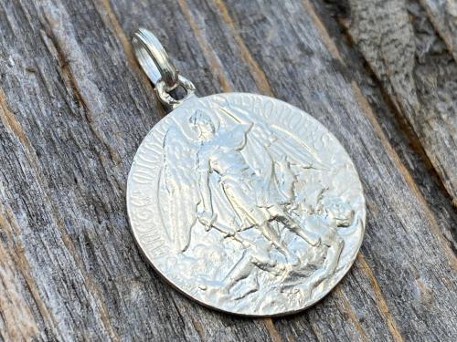 Shiny Sterling Silver St Michael Medal Pendant Necklace, French Antique Replica, Artist L Tricard, Ora Pro Nobis, Saint Michael Pray for Us