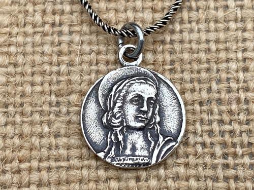 Sterling Silver Small Guardian Angel Medal, Antique Replica, Pendant Necklace, Reverses to Blessed Virgin Mary, Petite Angel Pendant Charm