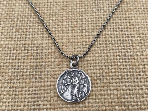 Sterling Silver Small Guardian Angel Medal, Antique Replica, Pendant Necklace, Reverses to Blessed Virgin Mary, Petite Angel Pendant Charm