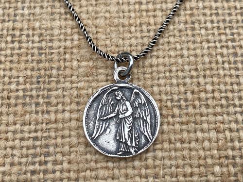 Sterling Silver Small Guardian Angel Medal, Antique Replica, Pendant Necklace, Reverses to Blessed Virgin Mary, Petite Angel Pendant Charm