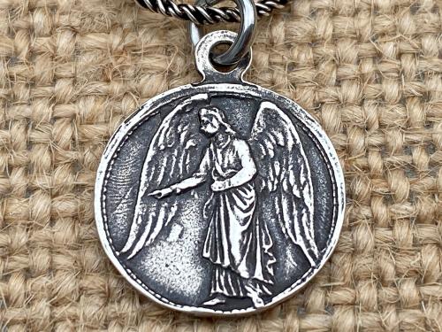 Sterling Silver Small Guardian Angel Medal, Antique Replica, Pendant Necklace, Reverses to Blessed Virgin Mary, Petite Angel Pendant Charm