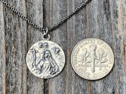 Sterling Silver St Rita of Cascia Medal Pendant Necklace, Antique Replica Saint Rita Charm from France, Saint of the Impossible Pray for Us