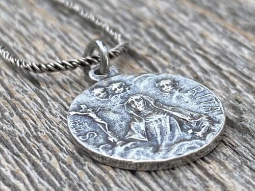 Sterling Silver St Rita of Cascia Medal Pendant Necklace, Antique Replica Saint Rita Charm from France, Saint of the Impossible Pray for Us