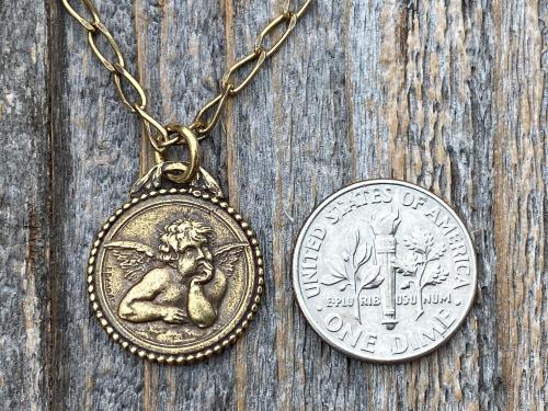 Antique Gold Dainty Angel Medal Pendant Necklace, French Antique Replica, Signed by artist Brandt, Putti Medallion Pendant from France