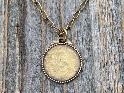 Antique Gold Dainty Angel Medal Pendant Necklace, French Antique Replica, Signed by artist Brandt, Putti Medallion Pendant from France