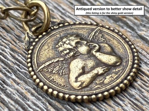 Shiny Gold Dainty Angel Medal Pendant Necklace, French Antique Replica, Signed by artist Brandt, Putti Medallion Charm Pendant from France