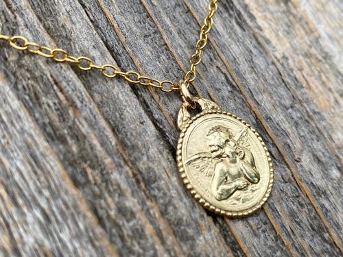 Shiny Gold Dainty Angel Medal Pendant Necklace, French Antique Replica, Signed by artist Brandt, Putti Medallion Charm Pendant from France