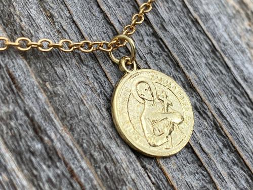 1 karat Gold St Gerard Majella Medal, Necklace, French artist Penin, Antique Replica, Patron Saint of Expectant Mothers, Saint of Fertility