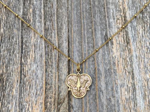 Antique Gold 7 Gifts of the Holy Spirit Medal Pendant Necklace, Antique Replica, Holy Spirit Dove Necklace, Holy Ghost Pendant, Holy Trinity