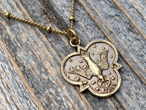 Antique Gold 7 Gifts of the Holy Spirit Medal Pendant Necklace, Antique Replica, Holy Spirit Dove Necklace, Holy Ghost Pendant, Holy Trinity