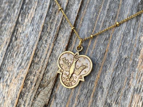 Antique Gold 7 Gifts of the Holy Spirit Medal Pendant Necklace, Antique Replica, Holy Spirit Dove Necklace, Holy Ghost Pendant, Holy Trinity