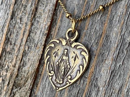 Antique Gold Dainty Blessed Virgin Mary Heart Pendant Necklace, French 19th Century Antique Replica, Small Our Lady Medallion from France H3