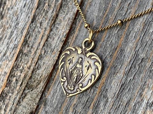 Antique Gold Dainty Blessed Virgin Mary Heart Pendant Necklace, French 19th Century Antique Replica, Small Our Lady Medallion from France H3